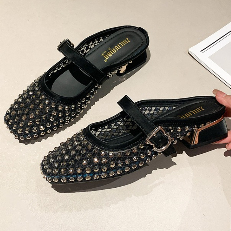 Women Shoes Sandals - Mesh Strass Chunky Ferse Maultiere Hausschuhe