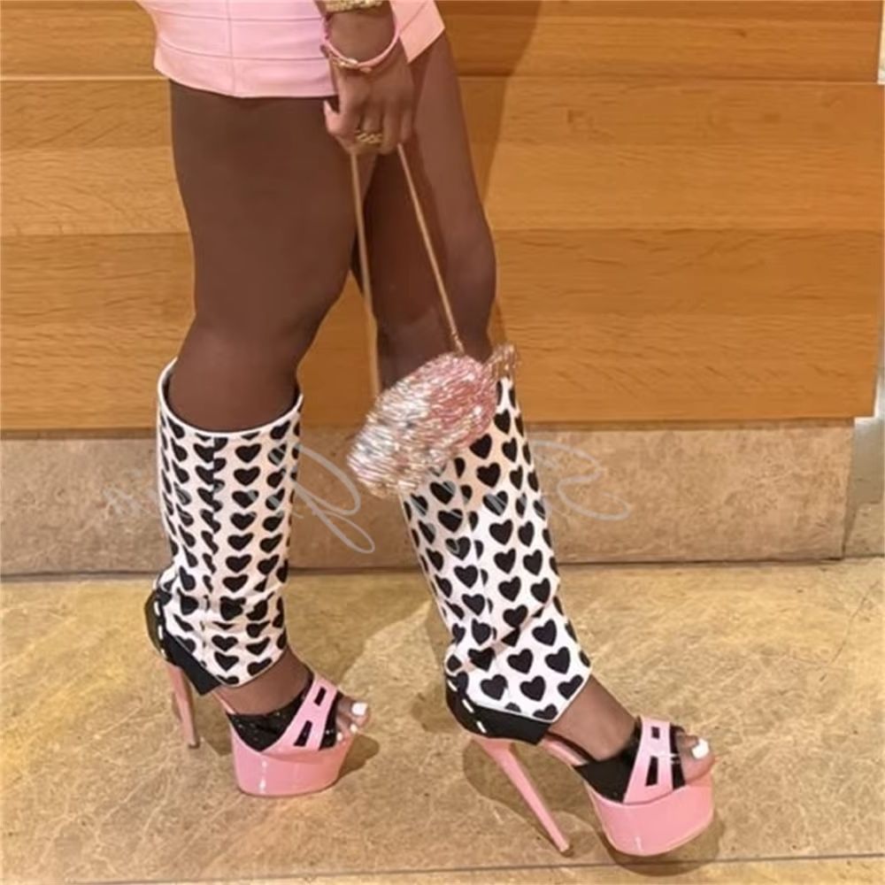 Knee High Boots Women - Damen Rosa Herz-Dekor Kniehohe Stiefel Sexy