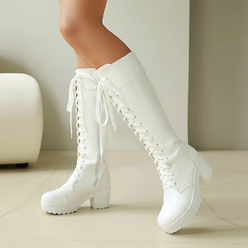 Knee High Boots Women - Kniehohe Damen-Kampfstiefel zum Schnüren, klobige Plateau-Gothic-Stiefel,