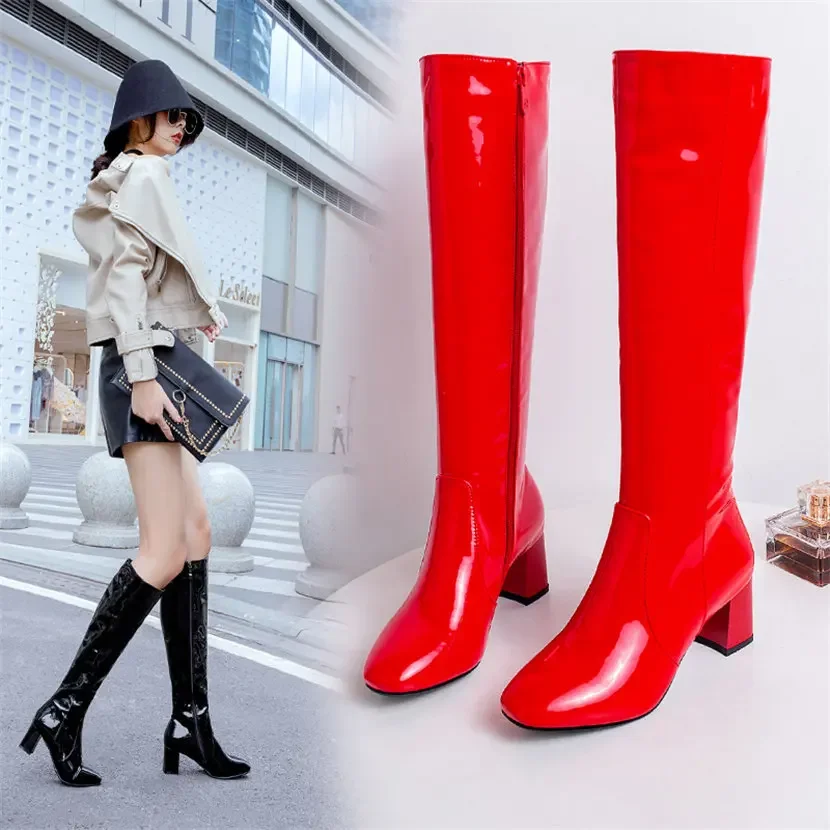 Rot Weiß Patent Leder Frauen K – Knee High Boots Women Bewertung und Preis